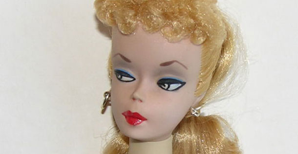 The first Barbie doll (pictured) was introduced in 1959 in both blonde and brunette styles. Source: Wikimedia Commons