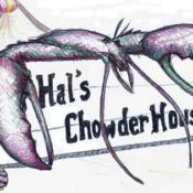 Illustration of a lobster hugging a sign that reads "Hal's Chowder House."