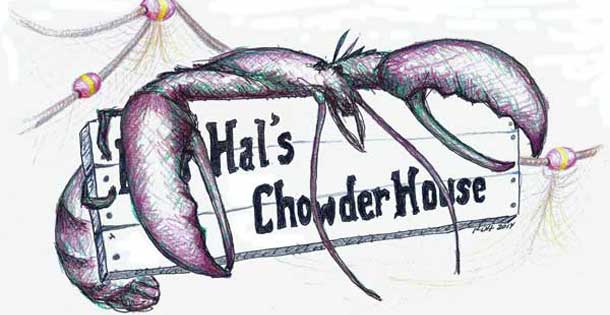 Illustration of a lobster hugging a sign that reads "Hal's Chowder House."