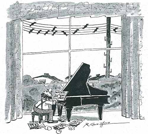 Birds A song-writer creates a song with notes inspired by birds on the electrical wires outside his window.