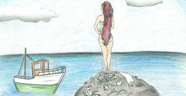 Sketch of a woman standing on a trash heap in the middle of the ocean as she looks at a nearby boat. Illustration by Amber Arnold © SEPS