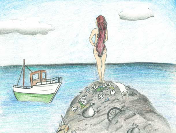 Sketch of a woman standing on a trash heap in the middle of the ocean as she looks at a nearby boat. Illustration by Amber Arnold © SEPS