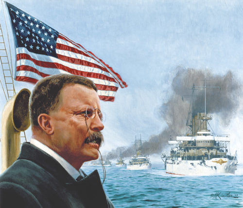 Teddy Roosevelt in front of a giant boat