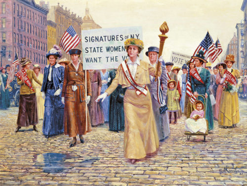 Women sufferagettes marching