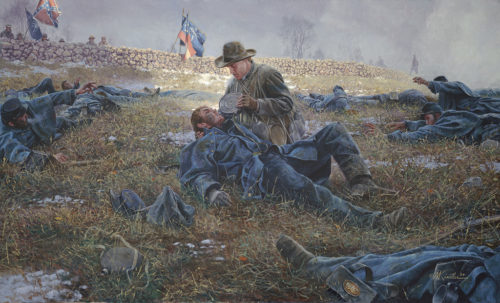 Battlefield medic attending to a fallen Union soldier