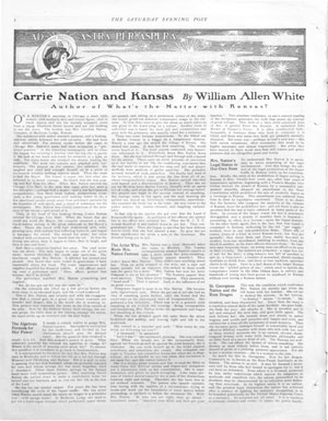 Read the entire article "Carrie Nation and Kansas" by William Allen White from the pages of the April 6, 1901 issue of the Post.
