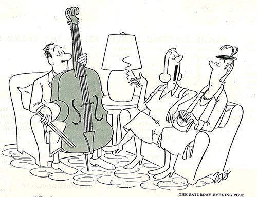 A musician with a bass violin sits in a chair across a pair of ladies. One of the ladies turns to the other, discussing whether they should ask him to play something.