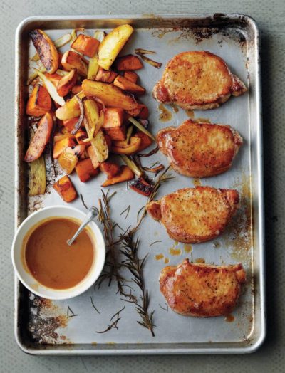 Pork chops and potatoes on a tray