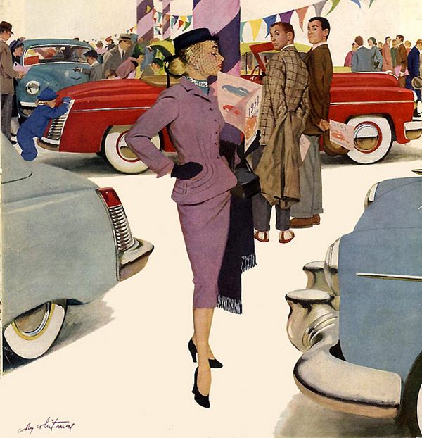 Woman in a modern outfit shopping for cars in a lot