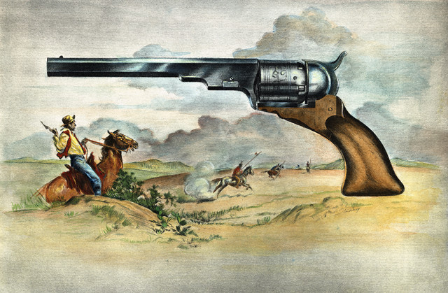 Illustration of a Colt Texas Patterson .40 cal.-1836 fire arm with western motif. Drawing courtesy of Colts Patent Fire Arms Manufacturing Company. --- Image by © Bettmann/CORBIS