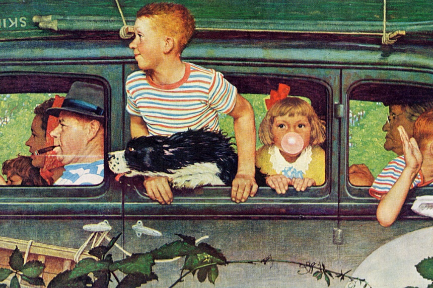 Kids and family in a station wagon during a summer road trip.
