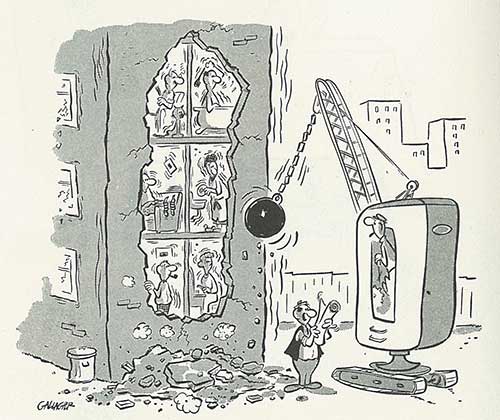 Construction,-1957 Wrecking ball crew breaks open an occupied building as the tennants look at them in horror. The crew's team leader looks at his chart, realizing that they are at the wrong address.