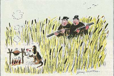 Cartoon of a hunting party discovering their hunting dog is already cooking their goose.