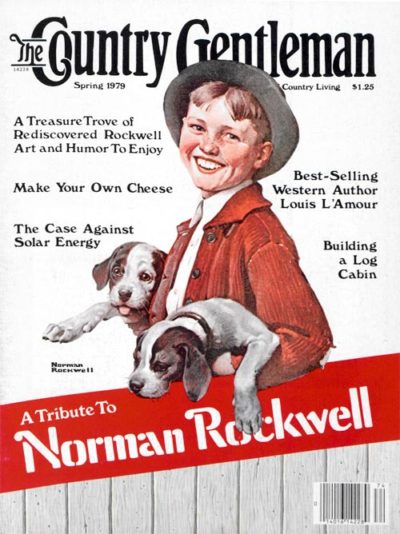 A farm boy holding two puppies