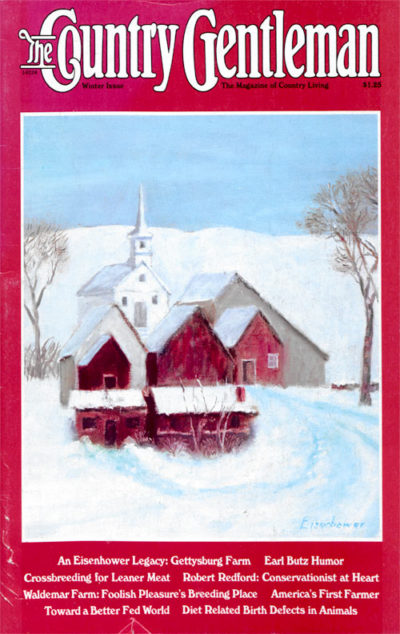 A snow-covered barn and church