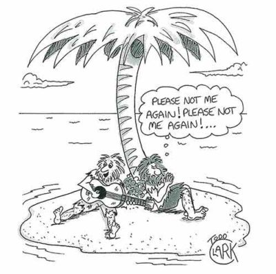 A guitarist singing to his friend on a deserted island.