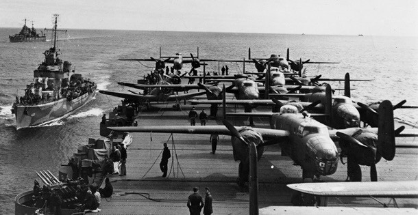 B-25 Bombers on a US Aircraft carrier in the Pacific Ocean