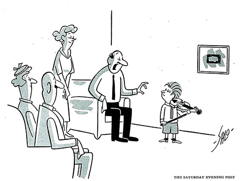 A father asks his perturbed, violinist son to play a song in front of a proud adult audience.
