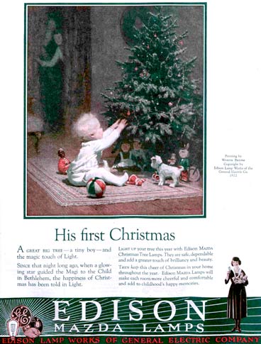Edison Mazda Lamps advertisement with baby and Christmas tree