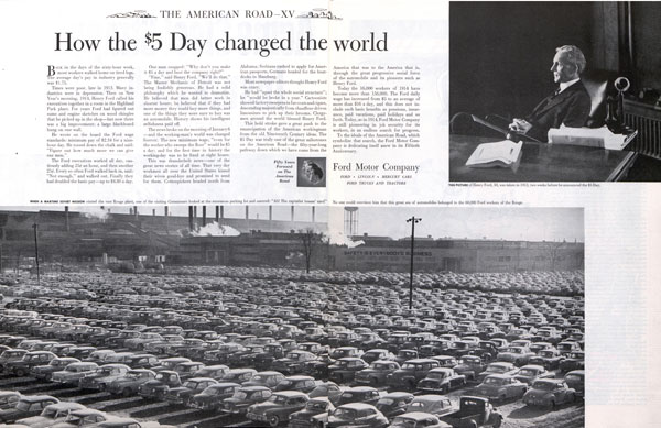 1953 Saturday Evening Post article sponsored by Ford Motor Company. The photo caption reads: "When a wartime soviet mission visited the vast Rouge plant, one of the visiting Commissars looked at the enormous parking lot and sneered: 'Ah! The capitalist bosses' cars!' No one could convince him that this great sea of automobiles belonged to the 60,000 Ford workers of the Rouge."