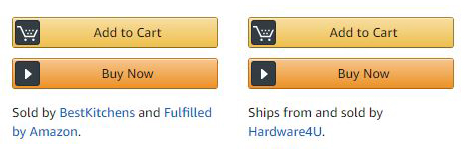 Versions of the "Add to Cart" button on an Amazon.com item page. One showing how it looks if the item is being fulfulled by Amazon, the other if it's being fulfulled by the manufacturer