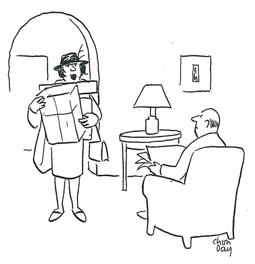 Get-Me_rd A holiday shopper walks into her living room arms full of gifts, telling her husband that she is done shopping for herself.