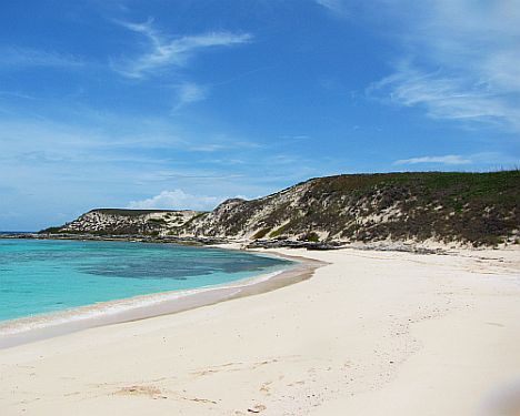 A sandy shore on a clear, summer day.