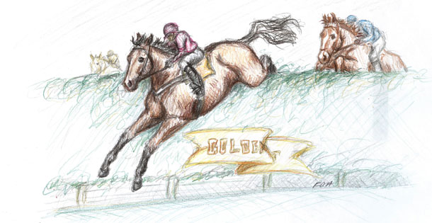Sketch of a horse and jockey jumping over a hurdle in a race. Illustration by Karen Donley-Hayes
