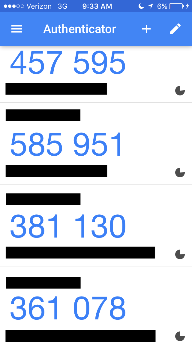 Screenshot of Google Authenticator passcodes