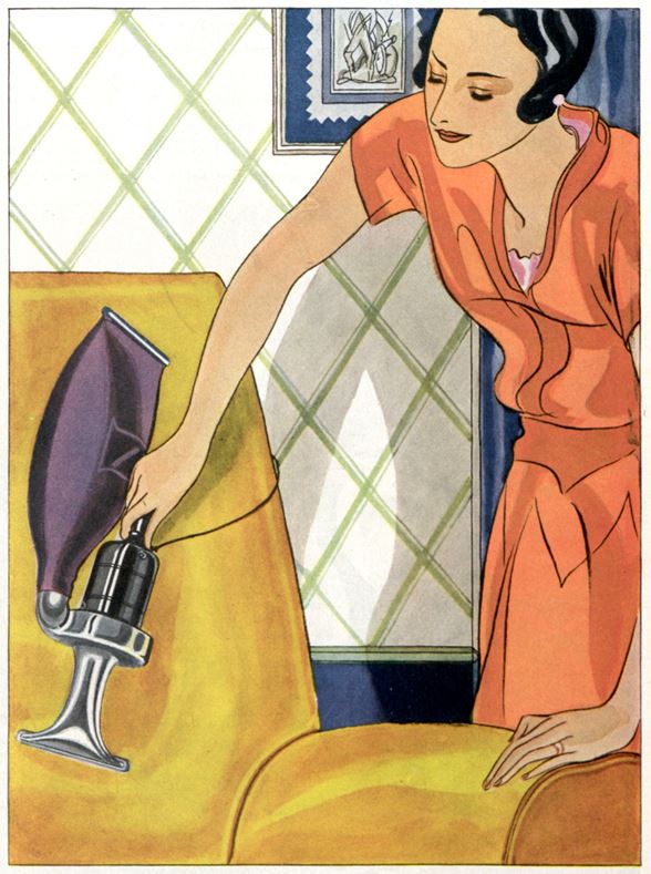 Illustration of a woman using a vacuum cleaner on a chair