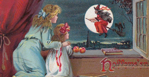 Halloween postcard of two girls watching witch on broom