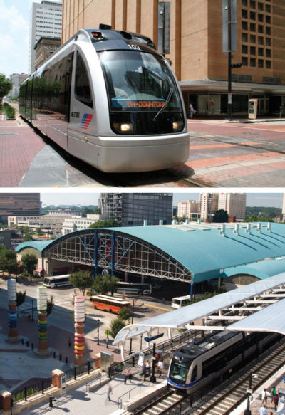 Outstripping ridership projections, light rail systems in Houston (top) and Charlotte (bottom) also attracted millions in transit-oriented development (TOD).