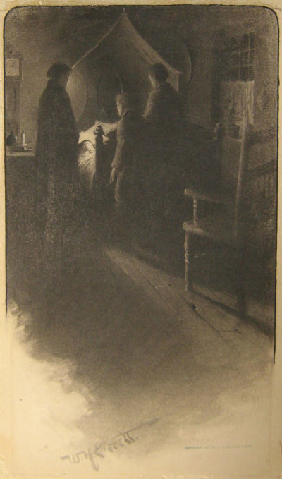 Illustration of people standing around a young child's sick bed in a darkened room