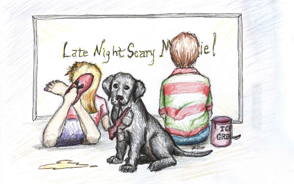 Sketch of two young children watching a scary movie while a puppy chews on a ballet slipper nearby. Illustration by Karen Donley-Hayes