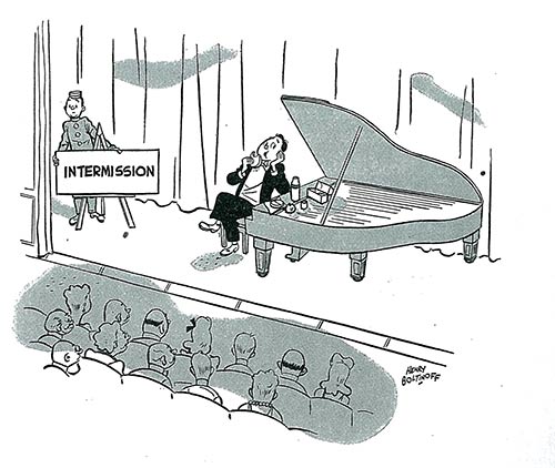 Intermission A pianist eats lunch at his grand piano, on stage, as a theatre attendant puts up an "intermission" sign.