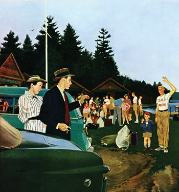 An illustration of 1950s parents leaving their two suns at a summer camp.