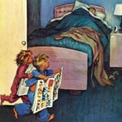 Two children excited to read the Sunday comic section run toward their father still sleeping in bed.