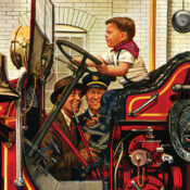 A young boy sits behind the wheel of a firetruck in a firehouse, his face stern as he drives to an imaginary fire, while his father and the fire chief look on and smile.