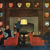 A young man with a transistor radio slouches in comfy chair in front of a fireplace. Behind him, sitting upright in an identical chair facing the other direction, an older gentleman with a newspaper casts a disparaging look the young man's way. Between the chairs is a small table with a lamp and a sign that says, simply, "Silence."