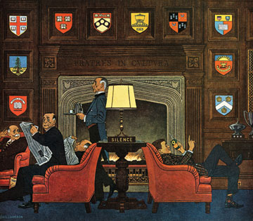 A young man with a transistor radio slouches in comfy chair in front of a fireplace. Behind him, sitting upright in an identical chair facing the other direction, an older gentleman with a newspaper casts a disparaging look the young man's way. Between the chairs is a small table with a lamp and a sign that says, simply, "Silence."
