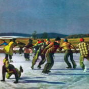 A bunch of young people ice skating on a frozen pond. One has fallen down.