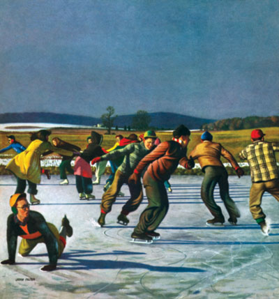 A bunch of young people ice skating on a frozen pond. One has fallen down.