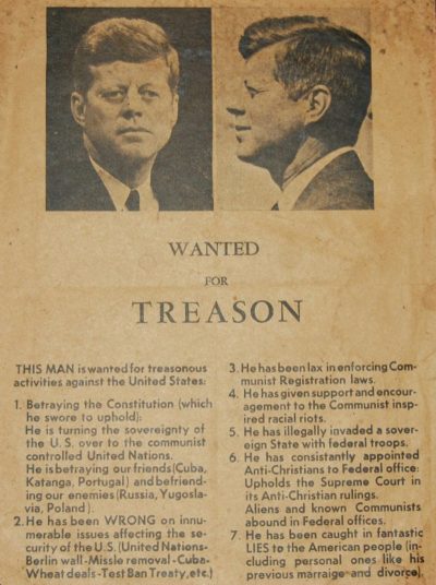 An 1963 Wanted poster accusing John F. Kennedy of treason and listing his supposedly traitorous acts.