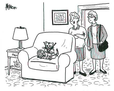 Cartoon of two women discussing a cat who's knitting