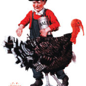 Illustration in red and black of a boy sprinkling salt on a large turkey's tail feathers.