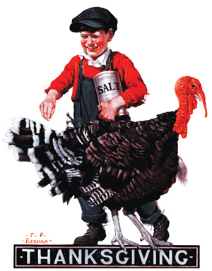 Illustration in red and black of a boy sprinkling salt on a large turkey's tail feathers.
