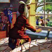 A young boy with the mumps, as indicated by his jaw being wrapped in a scarf, sits in his robe on the bed, looking longingly out his bedroom window at other boys passing by dressed for a baseball game.