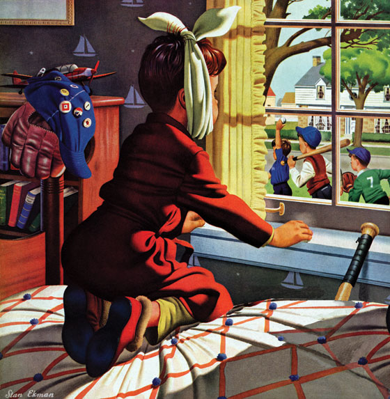A young boy with the mumps, as indicated by his jaw being wrapped in a scarf, sits in his robe on the bed, looking longingly out his bedroom window at other boys passing by dressed for a baseball game.
