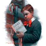 A boy in a red bow tie scowls as he thumbs through the copy of "Lives of the Saints" that he found in his Christmas stocking.