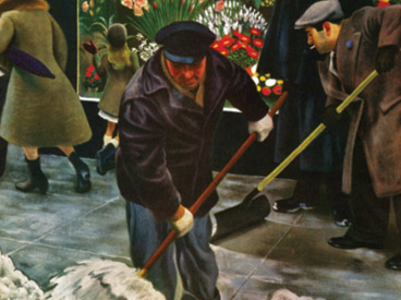mand shoveling floral shop sidewalk